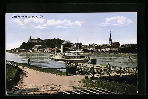 AK Ottensheim a. D., Uferpartie mit Kirche und Dampfer
