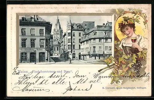 Passepartout-Lithographie Mainz, Fischthorstrasse und Dom, Maid mit Weinglas