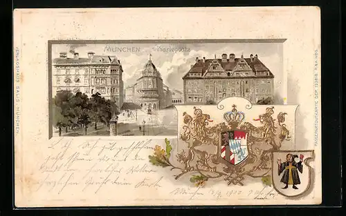 Passepartout-Lithographie München, Karlsplatz, Wappen, Münchner Kindl