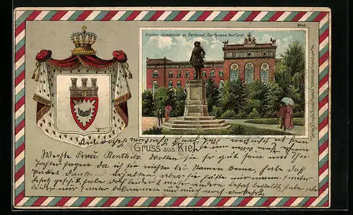Passepartout-Lithographie Kiel, Marine-Academie mit Denkmal Der Grosse Kurfürst, Wappen
