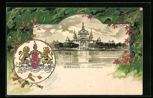 Passepartout-Lithographie Bremen, Uferpartie mit Parkhaus, Wappen