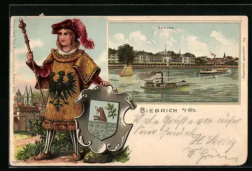 Passepartout-Lithographie Biebrich am Rhein, Flusspartie mit Schloss und Rheindampfern, Kleiner Herold mit Wappen