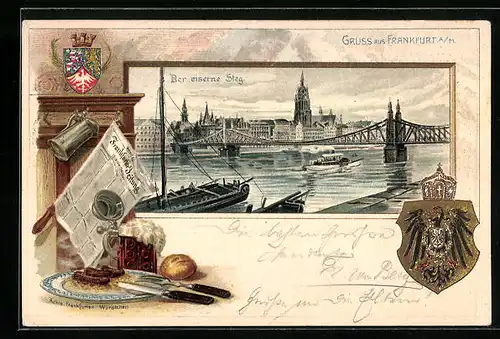 Passepartout-Lithographie Alt-Frankfurt, Der eiserne Steg, Wappen, Stilleben mit Frankfurter Würstchen