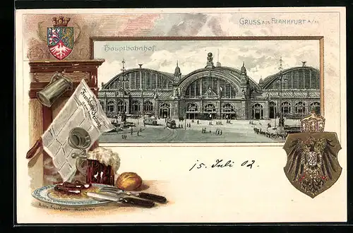 Passepartout-Lithographie Frankfurt a. M., Partie am Hauptbahnhof, Wappen, Stilleben Frankfurter Würstchen im Gasthaus