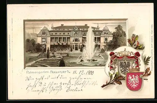 Passepartout-Lithographie Frankfurt-Westend, Partie am Palmengarten, Wappen