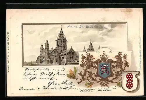 Passepartout-Lithographie Mainz, Dom Südwestansicht, Wappen