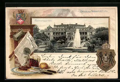 Passepartout-Lithographie Frankfurt-Westend, Fontaine im Palmengarten, Wappen