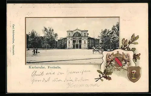 Passepartout-Lithographie Karlsruhe, Ansicht der Festhalle, Wappen