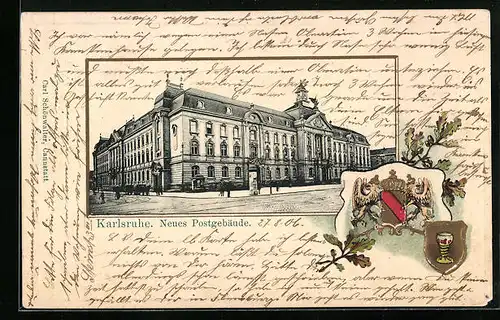 Passepartout-Lithographie Karlsruhe, Neues Postgebäude, Wappen