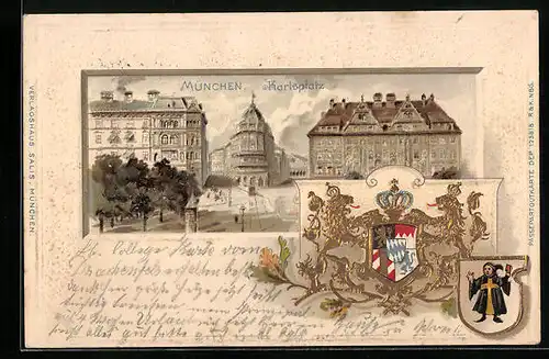 Passepartout-Lithographie München, Karlsplatz, Wappen, Müchner Kindl