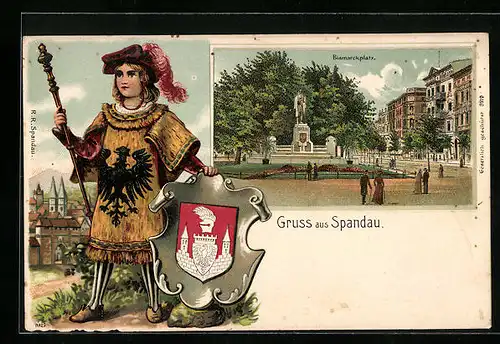 Passepartout-Lithographie Berlin-Spandau, Bismarckplatz mit Wappen, Kleiner Herold