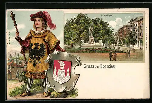 Passepartout-Lithographie Berlin-Spandau, Bismarckplatz mit Wappen, Kleiner Herold