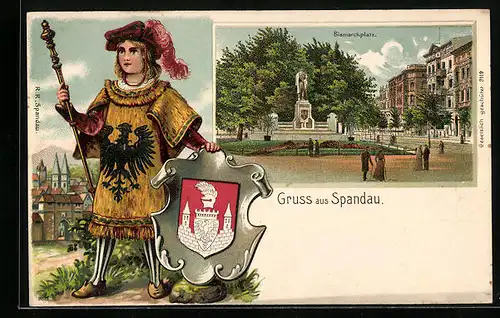 Passepartout-Lithographie Berlin-Spandau, Bismarckplatz mit Wappen, Kleiner Herold