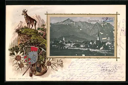 Passepartout-Lithographie Garmisch, Totalansicht der Gemeinde, Wappen, Gams