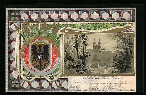 Passepartout-Lithographie Vierzehnheiligen /Maintal, Basilika Vierzehnheiligen und Wappen