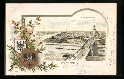 Passepartout-Lithographie Dortmund, Ansicht der Hafenanlagen, Wappen