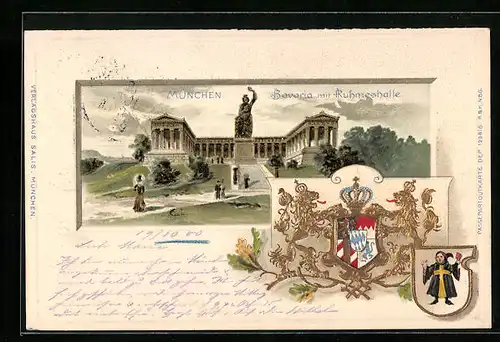Passepartout-Lithographie München, Bavaria mit Ruhmeshalle und Wappen, Müchner Kindl