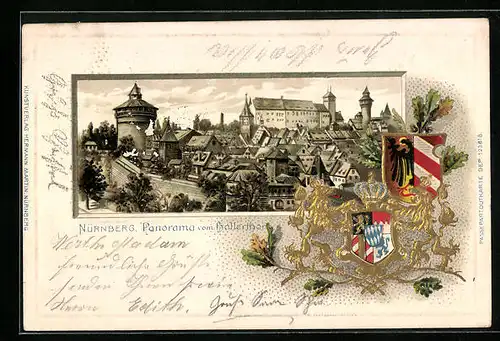 Passepartout-Lithographie Nürnberg, Panorama vom Hallerthor mit Wappen