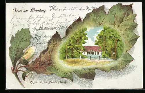 Passepartout-Lithographie Flensburg, Restaurant in der Marienhölzung, Eichenlaub