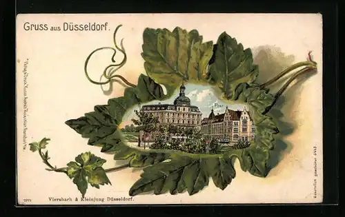 Passepartout-Lithographie Düsseldorf, Ansicht der Post, Weinblatt