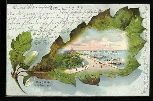Passepartout-Lithographie Kiel, Kriegshafen mit Seegarten, Ansicht auf Eichenblatt