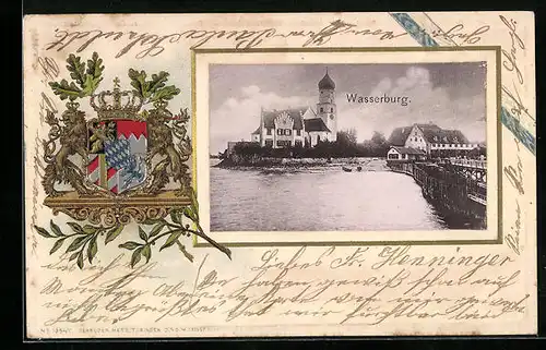 Passepartout-Lithographie Wasserburg, Teilansicht mit Brücke, Wappen