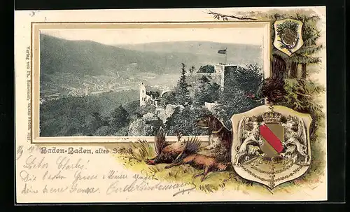 Passepartout-Lithographie Baden-Baden, Altes Schloss, Blick auf die Stadt, Wappen