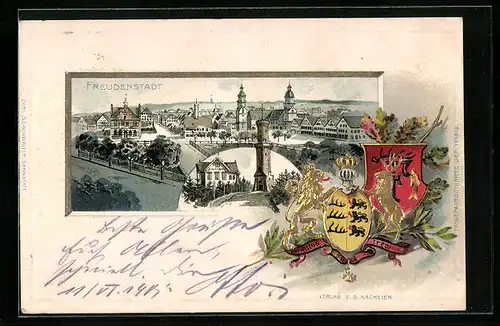 Passepartout-Lithographie Freudenstadt, Ortsansicht aus der Vogelschau, Haus Friedrichhöhe mit Turm, Wappen