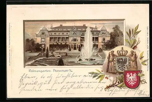 Passepartout-Lithographie Frankfurt-Westend, Palmengarten mit Wappen