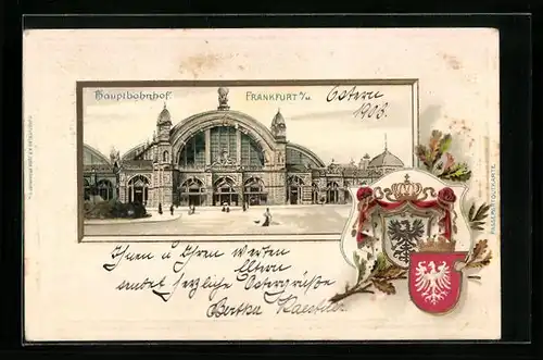 Passepartout-Lithographie Frankfurt a.M., Hauptbahnhof mit Passagieren, Wappen