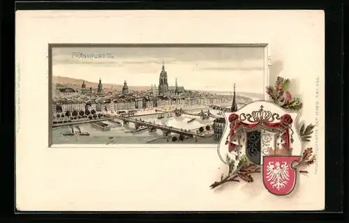 Passepartout-Lithographie Frankfurt a. M., Ortsansicht mit Brücken aus der Vogelschau, Wappen