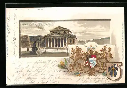 Passepartout-Lithographie München, Hoftheater, geprägtes Wappen, Münchner Kindl