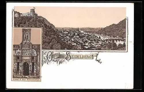 Lithographie Heidelberg, Portal des Otto Heinrichsbaus, Panorama