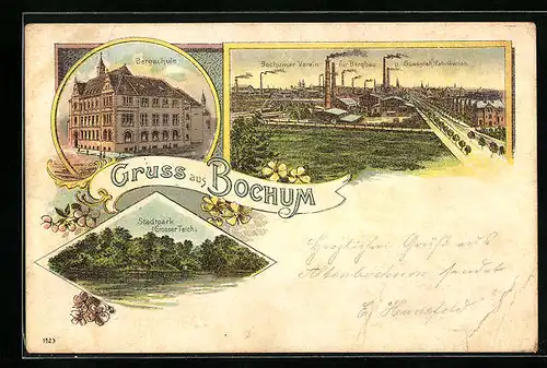 Lithographie Bochum, Bergschule, Stadtpark, Bochumer Verein für Bergbau und Gussstahlfabrikation