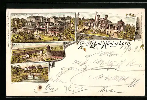 Lithographie Bad-Königsborn, Badehaus, Gradierwerke, Kurgarten mit Kurhaus & Theater