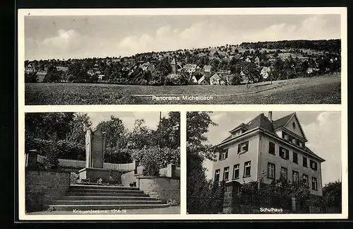AK Michelbach, Schulhaus, Kriegerdenkmal 1914-1918