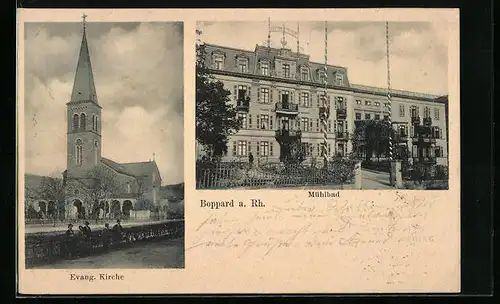 AK Boppard a. Rh., Hotel Mühlbad, Evang. Kirche