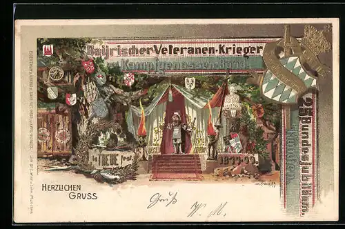 Lithographie München, Bayer.-Veteranen-Krieger und Kampfgenossen-Bund, Bundesjubiläum 1899 mit Wappen und Krone