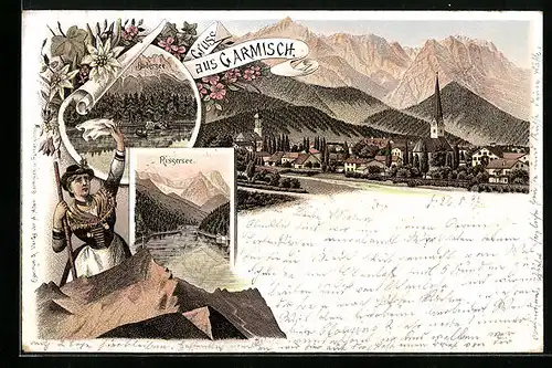 Lithographie Garmisch, Teilansicht, Badersee, Rissersee