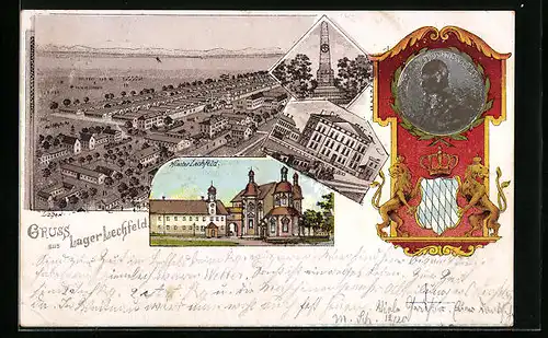 Lithographie Lechfeld, Lager Lechfeld, Kloster Lechfeld, Denkmal