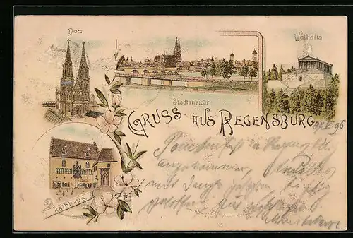 Lithographie Regensburg, Rathaus, Walhalla, Dom