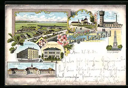 Lithographie Lechfeld, Lager Lechfeld, Neue Kaserne, Wasserwerk, Platz-Commando