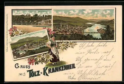 Lithographie Tölz-Krankenheil, Ortsansichten, Isarbrücke und Kalvarienberg