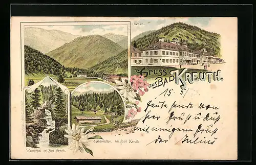 Lithographie Bad Kreuth, Curhaus, Siebenhütten, Wasserfall