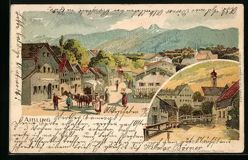 Lithographie Aibling, An der Glonn, Strassenpartie im Ortskern