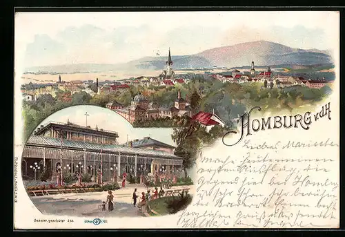 Lithographie Homburg v. d. H., Ortsansicht aus der Vogelschau, Kurgebäude