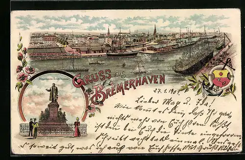 Lithographie Bremerhaven, Panorama mit Hafen, Bürgermeister-Smidt-Denkmal
