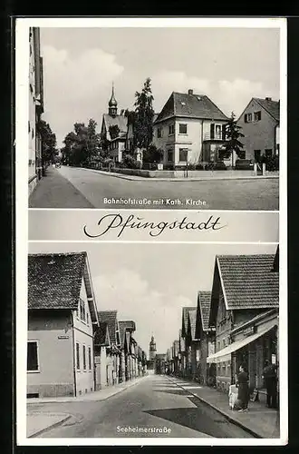 AK Pfungstadt, Bahnhofstrasse mit kath. Kirche, Partie in der Seeheimerstrasse