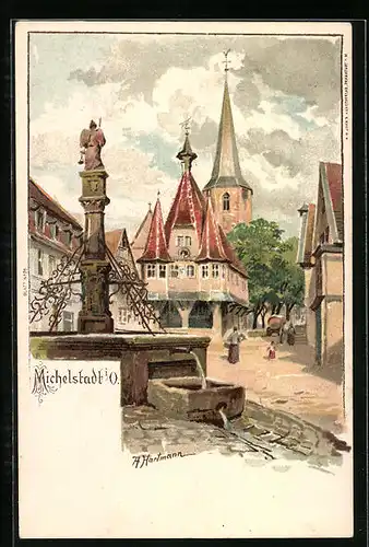 Lithographie Michelstadt i. O., Brunnen am Marktplatz