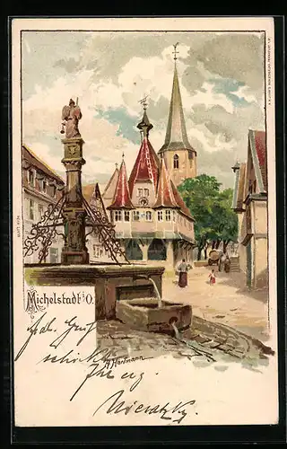 Lithographie Michelstadt i. O., Brunnen am Marktplatz